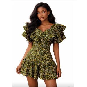 AFRICAN PRINT Green & Yellow Print Ruffled Mini Dress SIZE L